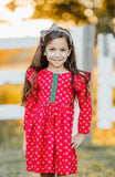 Little Girl's Red and Green Rose Print Christmas Dress with Green Trim