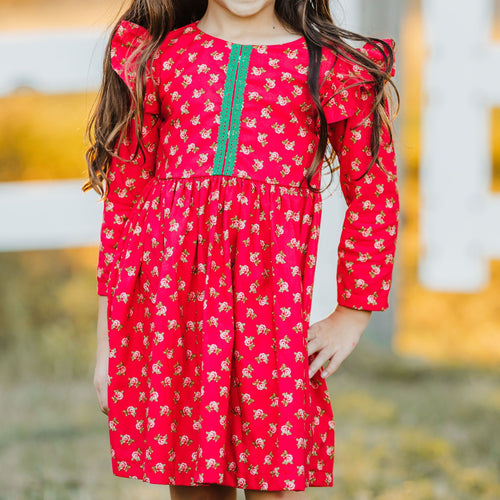 Little Girl's Red and Green Rose Print Christmas Dress with Green Trim