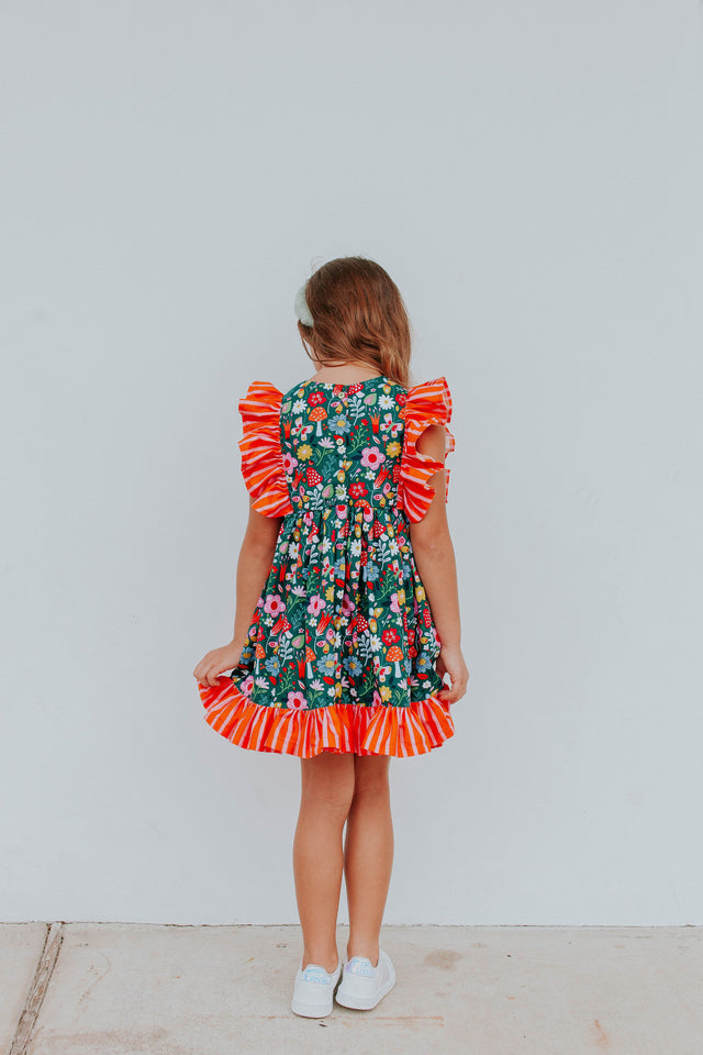 Little Girl's Floral and Stripe Twirl Pinafore Dress
