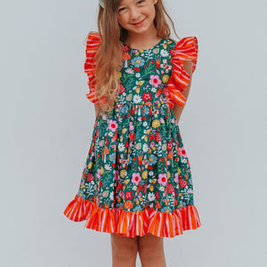 Little Girl's Floral and Stripe Twirl Pinafore Dress