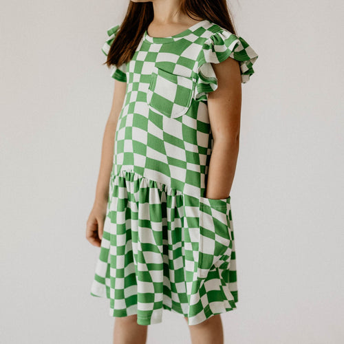 little girls green and white groovy plaid cotton dress