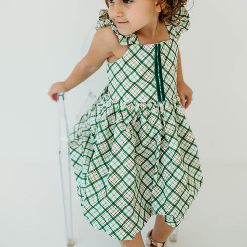 Little Girl's Green Tartan Flutter Sleeve Cotton Christmas Dress