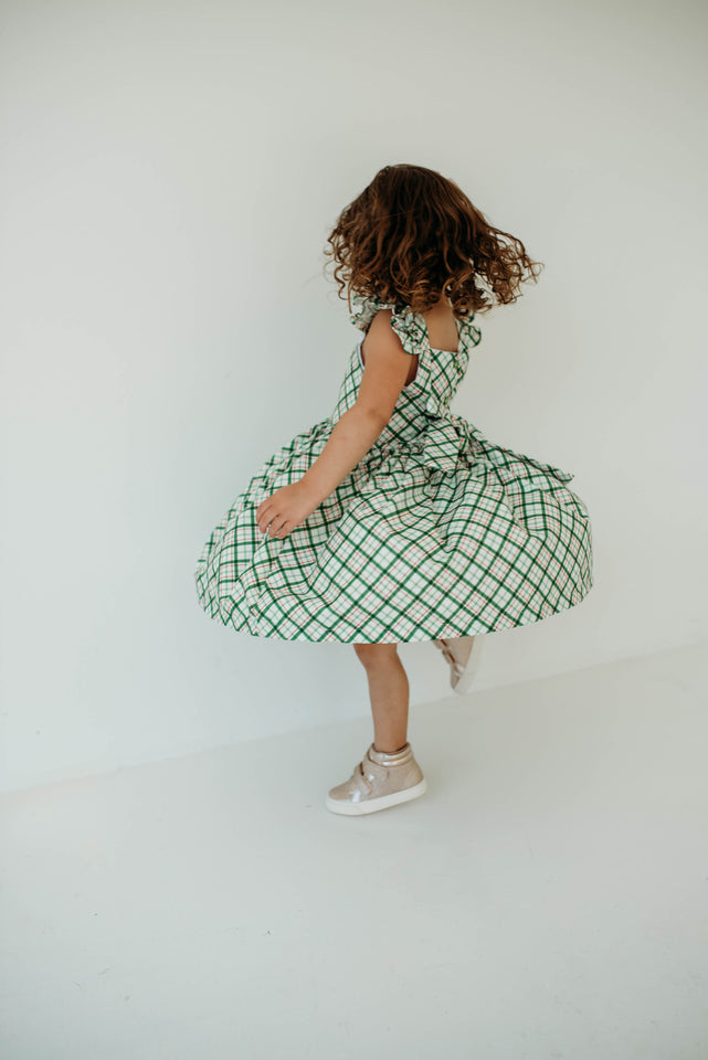 Little Girl's Green Tartan Flutter Sleeve Cotton Christmas Dress