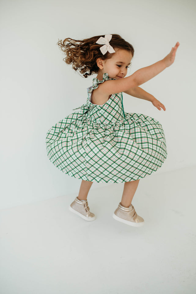Little Girl's Green Tartan Flutter Sleeve Cotton Christmas Dress