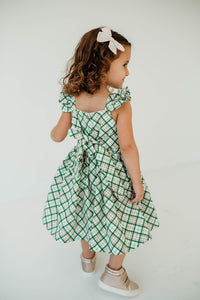 Little Girl's Green Tartan Flutter Sleeve Cotton Christmas Dress