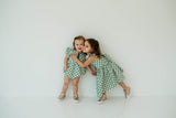 Little Girl's Green Tartan Flutter Sleeve Cotton Christmas Dress