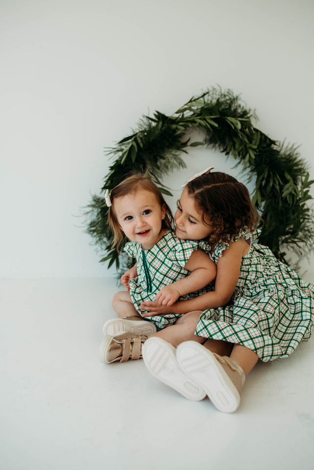 Little Girl's Green Tartan Flutter Sleeve Cotton Christmas Dress