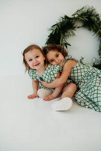Little Girl's Green Tartan Flutter Sleeve Cotton Christmas Dress