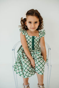 Little Girl's Green Tartan Flutter Sleeve Cotton Christmas Dress