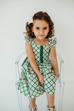 Little Girl's Green Tartan Flutter Sleeve Cotton Christmas Dress