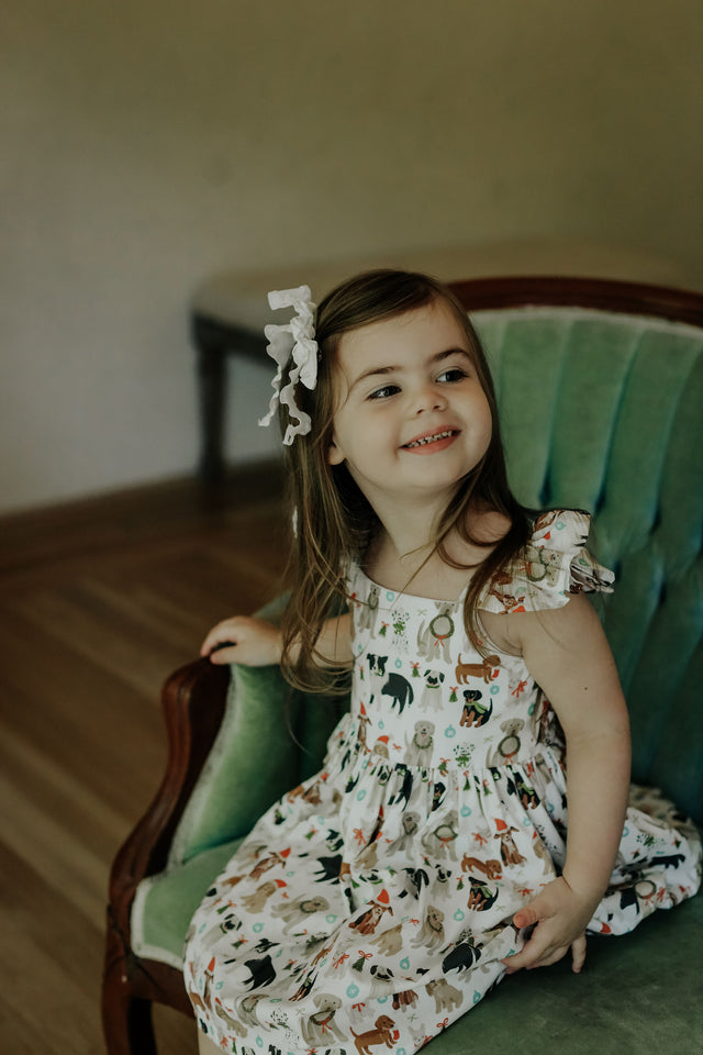 Little Girls Christmas Dog Print Ruffle Dress