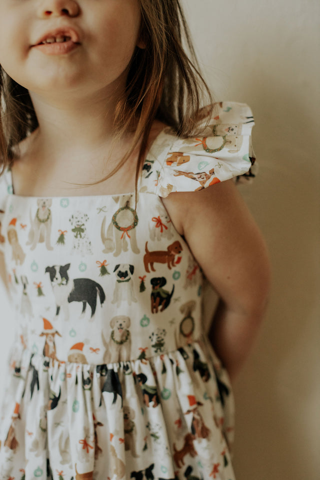 Little Girls Christmas Dog Print Ruffle Dress