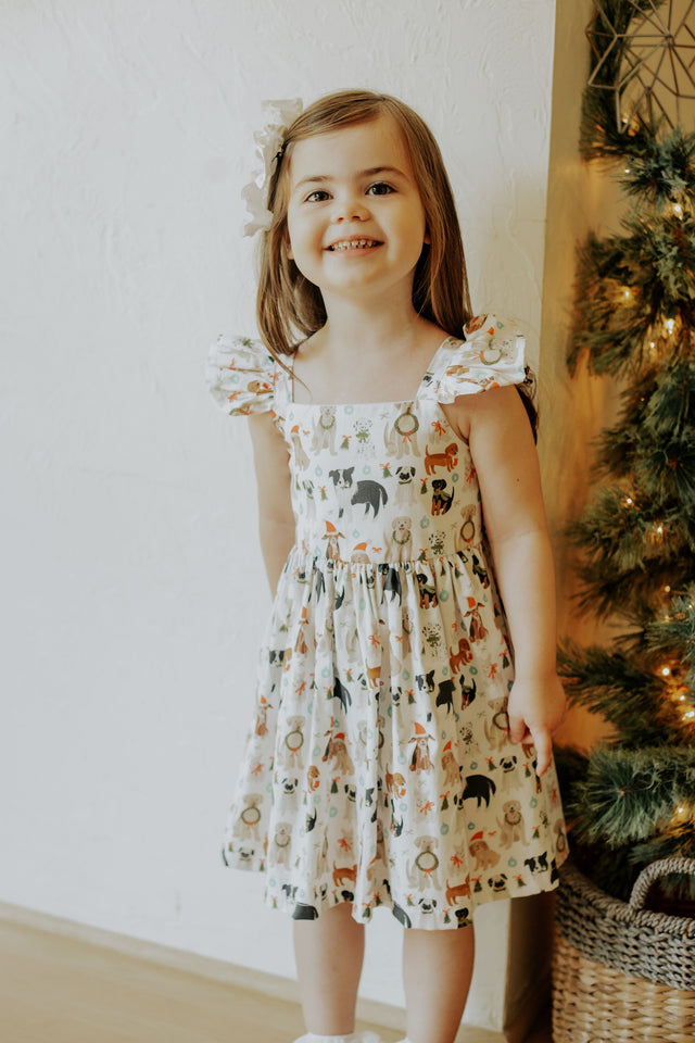 Little Girls Christmas Dog Print Ruffle Dress