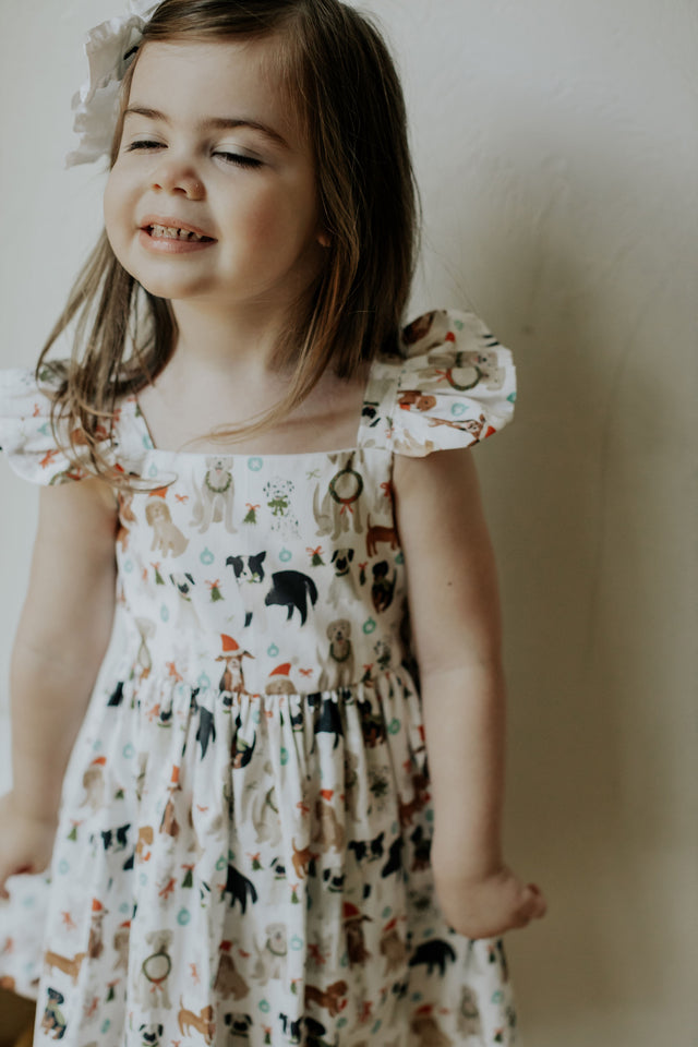 Little Girls Christmas Dog Print Ruffle Dress