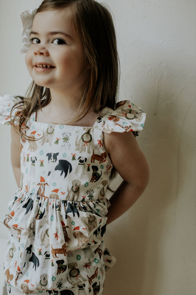 Little Girls Christmas Dog Print Ruffle Dress