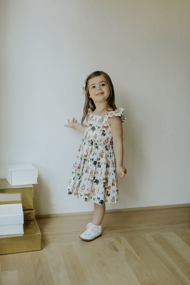 Little Girls Christmas Dog Print Ruffle Dress