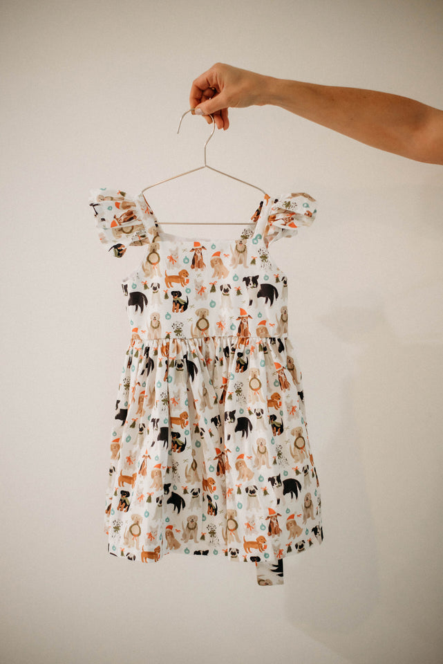 Little Girls Christmas Dog Print Ruffle Dress