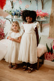 Little Girl's Ivory Swiss Dot Tulle Flower Girl Dress with Rhinestone Belt
