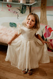 Little Girl's Ivory Swiss Dot Tulle Flower Girl Dress with Rhinestone Belt
