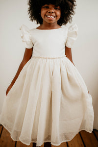 Little Girl's Ivory Swiss Dot Tulle Flower Girl Dress with Rhinestone Belt