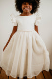 Little Girl's Ivory Swiss Dot Tulle Flower Girl Dress with Rhinestone Belt