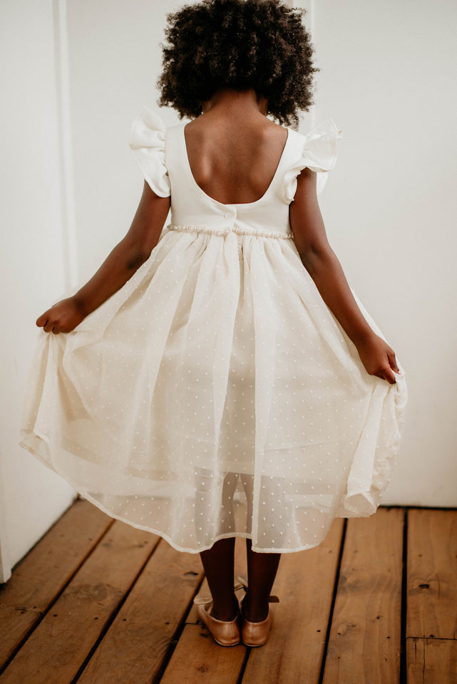 Little Girl's Ivory Swiss Dot Tulle Flower Girl Dress with Rhinestone Belt