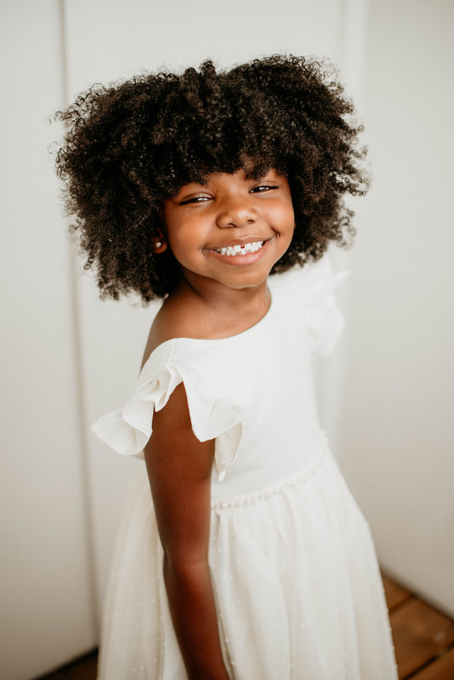 Little Girl's Ivory Swiss Dot Tulle Flower Girl Dress with Rhinestone Belt