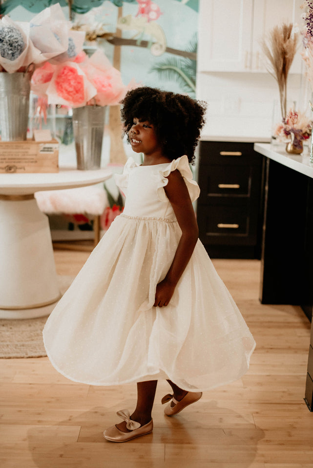 Little Girl's Ivory Swiss Dot Tulle Flower Girl Dress with Rhinestone Belt
