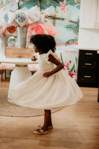 Little Girl's Ivory Swiss Dot Tulle Flower Girl Dress with Rhinestone Belt