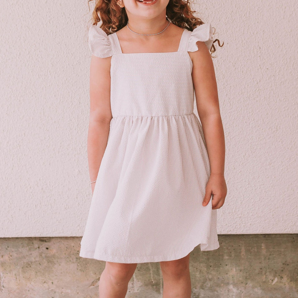 Little Girl’s Khaki and White Seersucker Dress