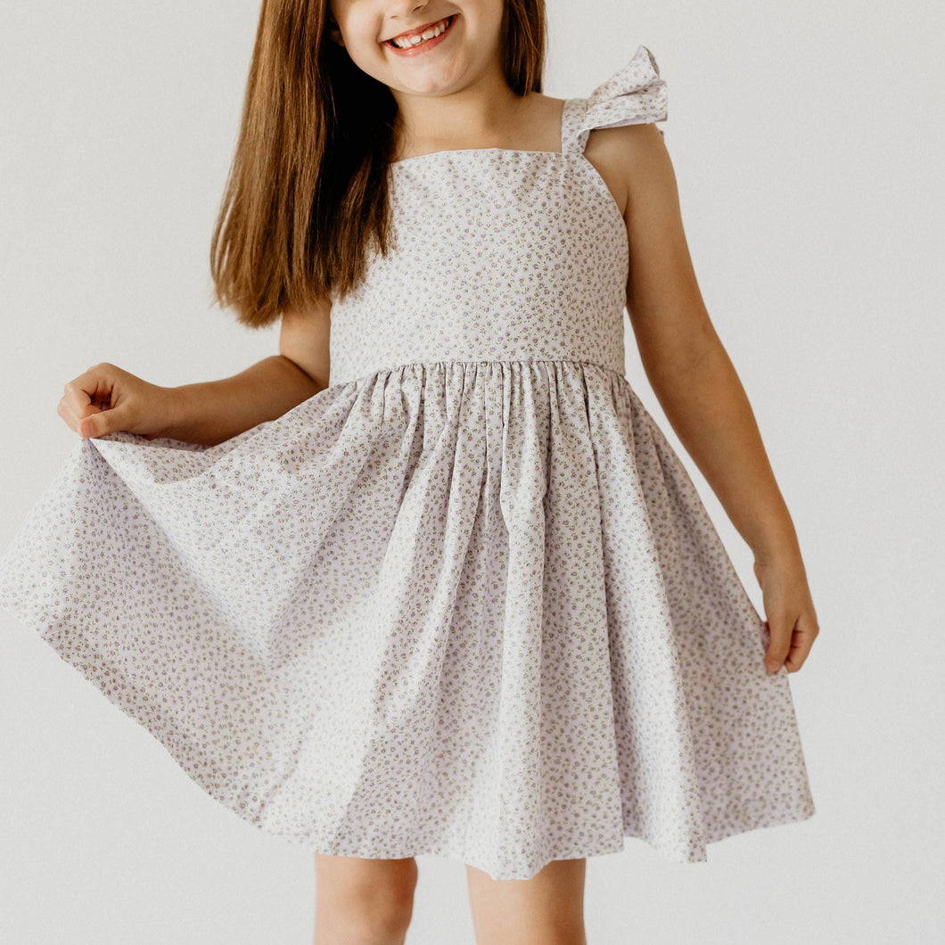 girls lavender ditsy print floral flutter sleeve dress