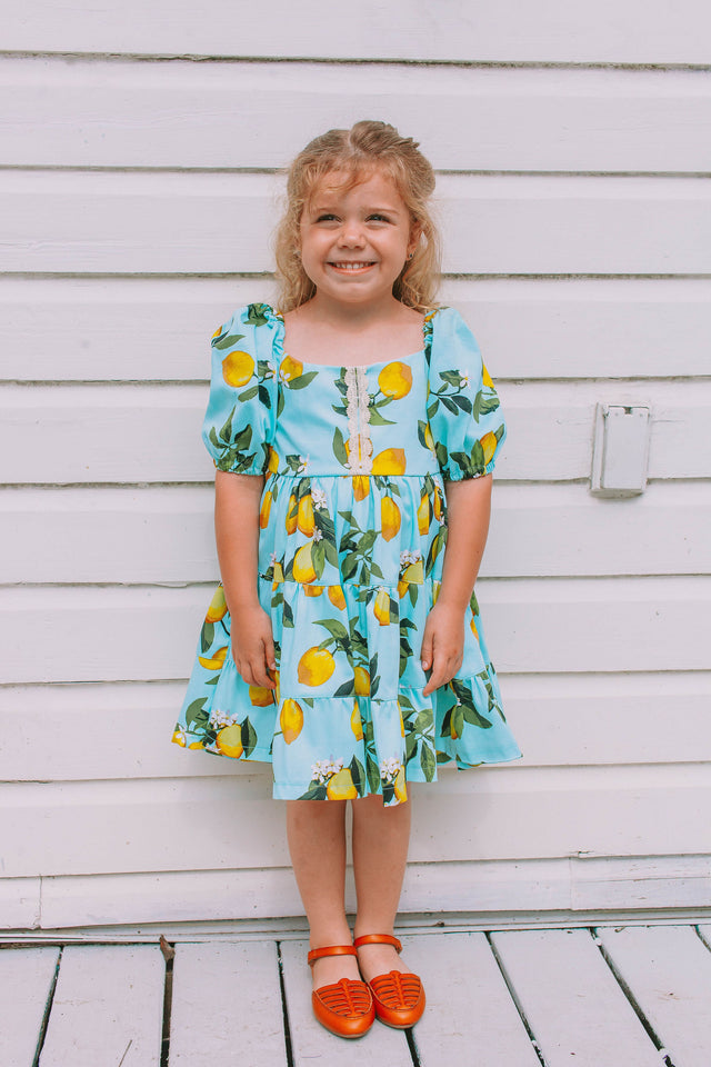 little girls lemon print puff sleeve dress