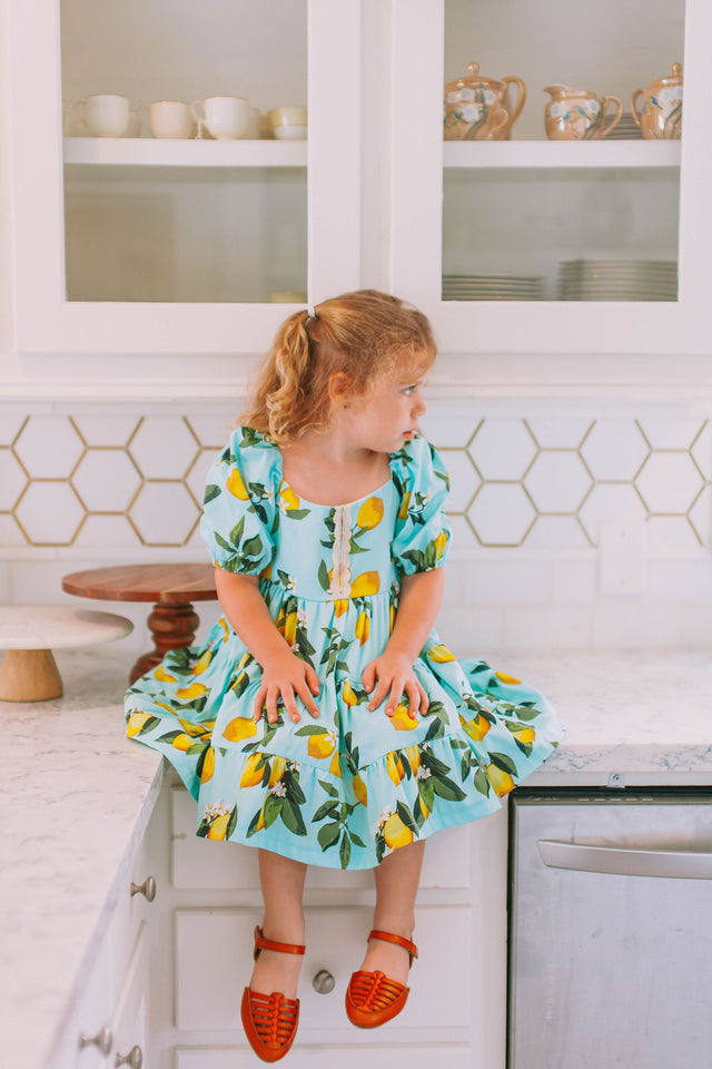 little girls lemon print puff sleeve dresses