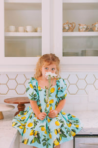 Little Girl's Lemon Print Puff Sleeve Twirl Dress