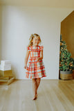 Little Girl's Bright Red and Green Christmas Tartan Ruffle Bib Dress