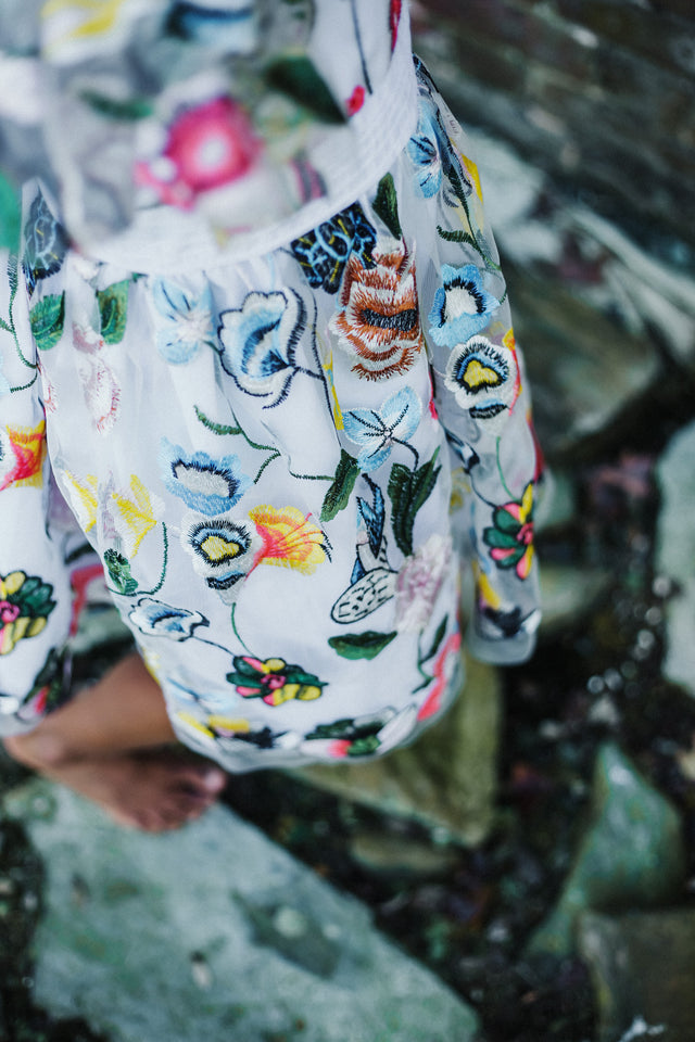 Little Girl's Multicolor Floral Lace Flutter Sleeve Dress