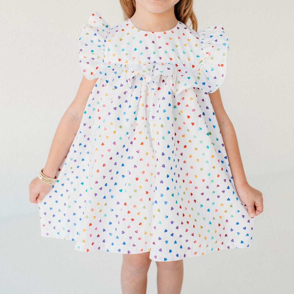 Little Girl's Multicolor Rainbow Hearts Valentines Day Ruffle Collar Shift Dress.little girls rainbow hearts valentines day ruffle shift dress