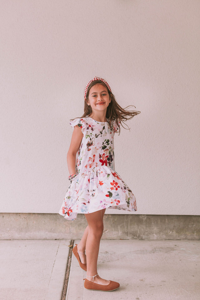 Little Girl's Multicolor Watercolor Floral Print Three-Pocket Jersey Knit Dress