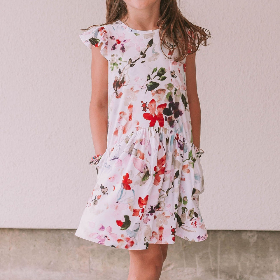 Little Girl's Multicolor Watercolor Floral Print Three-Pocket Jersey Knit Dress