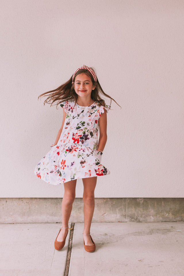 Little Girl's Multicolor Watercolor Floral Print Three-Pocket Jersey Knit Dress