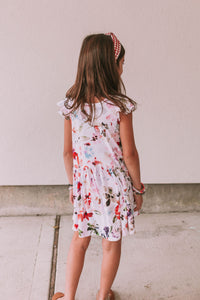 Little Girl's Multicolor Watercolor Floral Print Three-Pocket Jersey Knit Dress
