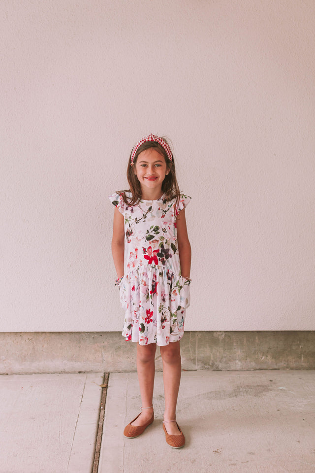Little Girl's Multicolor Watercolor Floral Print Three-Pocket Jersey Knit Dress