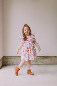 Little Girl's Muted Neutral Brown Floral Print Pinafore Dress