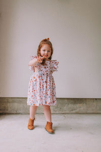 Little Girl's Muted Neutral Brown Floral Print Pinafore Dress