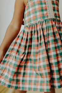 Little Girls Muted Plaid Christmas Dress with Ivory Trim