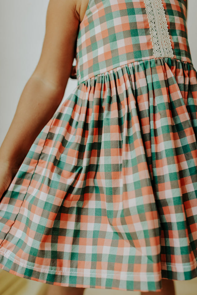 Little Girls Muted Plaid Christmas Dress with Ivory Trim