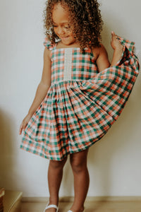Little Girls Muted Plaid Christmas Dress with Ivory Trim