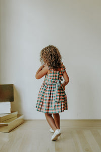 Little Girls Muted Plaid Christmas Dress with Ivory Trim