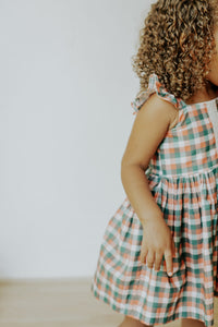 Little Girls Muted Plaid Christmas Dress with Ivory Trim