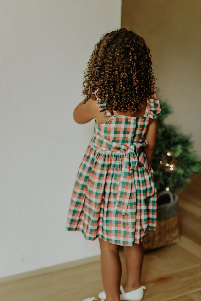Little Girls Muted Plaid Christmas Dress with Ivory Trim